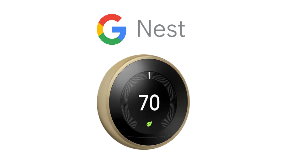 Brass Google Nest learning smart thermostat displaying 70 degrees.