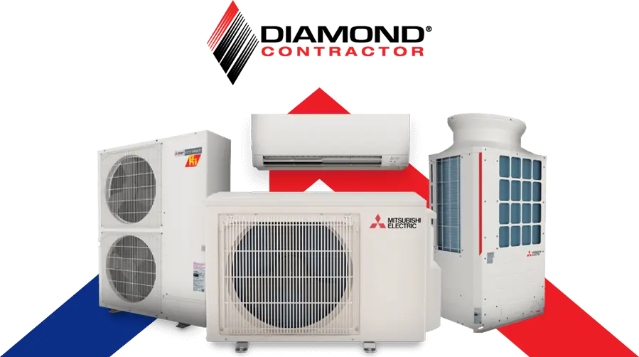 Mitsubishi Electric ductless heating and cooling systems highlighting Diamond Contractor status.